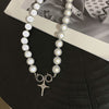 Design Reflective Pearl Necklace Female Clavicle Chain Net Celebrity Personality Flashing Diamond Cross Beaded