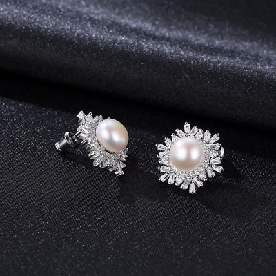 Sterling Silver Snowflake Stud Earrings Korean Gemstone Pearl Earrings Fashion Silver