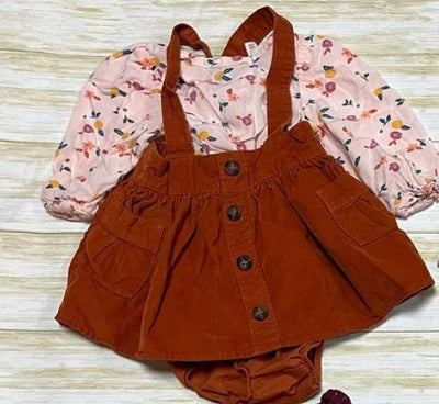 Cat & Jack 3pc Dress Set, Pink Floral Longsleeve Shirt, Rust Corduroy Overall Dress, Rust Bloomers