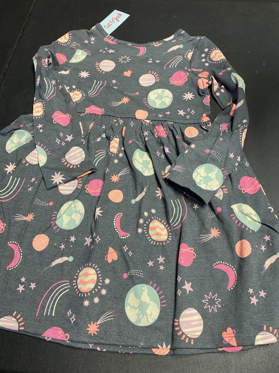 Cat & Jack Girls Charcoal w/ Hearts and Planets Pattern Longsleeve Dress, Size 5T