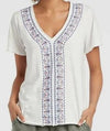 Knox Rose Ladies Ivory V-Neck Top with Blue Lace Border, Size S